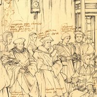Sketch by Hans Holbein the Younger, Kunstmuseum, Basel. From left to right: Elizabeth (21), Margaret Giggs (22, adopted), Judge John More (76), Anne Cresacre (15, ward), Sir Thomas (50), John (18), Henry Pattenson (family "fool"), Cecily (20), Margaret (22), Lady Alice (57), family monkey! Thomas More, His Father and His Household, 1527