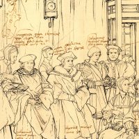 Sketch by Hans Holbein the Younger, Kunstmuseum, Basel. From left to right: Elizabeth (21), Margaret Giggs (22, adopted), Judge John More (76), Anne Cresacre (15, ward), Sir Thomas (50), John (18), Henry Pattenson (family "fool"), Cecily (20), Margaret (22), Lady Alice (57), family monkey! Thomas Moare, His Father and His Household, 1527