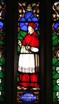 Stained glass at Hampton Court. Photograph by Tommy Heyne. Wolsey was archbishop of York and chancellor to Henry VIII prior to Thomas More's holding that office. He built Hampton Court Palace as his residence. Cardinal Thomas Wolsey