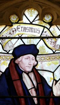 Stained glass window, Christ Church, Oxford. Photograph by Tommy Heyne. Erasmus and More were friends. Erasmus' In Praise of Folly was dedicated to More, and its title may have been a pun on More's name: More's name in Latin is "morus", which is translated as "fool." Erasmus
