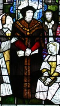 From St. Dunstan's stained glass window, Canterbury. More's wife Lady Alice (left), his daughter Margaret (right bottom), and her husband Will Roper (right). St. Dunstan's was Will and Margaret Roper's parish church, and is the site where Thomas More's head, retrieved by Margaret, is buried.