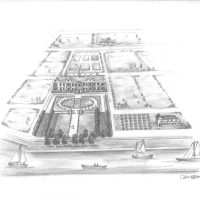 Sketch by Colleen Westman, based on a 1695 engraving of the property. Chelsea was a working farm outside of London. Chelsea-garden