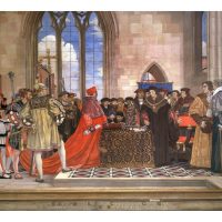 Painting by Vivian Forbes, 1927, St. Stephen's Hall, English Parliament, London. ©The Palace of Westminster.
<a href="https://thomasmorestudies.org/wp-content/uploads/2021/05/Sir-Thomas-More-Defending-the-Liberty-of-the-House-2021.pdf">View more commentary by clicking here.</a> Thomas More Defending the Liberty of the House of Commons, Parliament