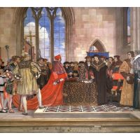 Painting by Vivian Forbes, 1927, St. Stephen's Hall, English Parliament, London. ©The Palace of Westminster. This mural is one of eight comprising the “Building of Great Britain” series in the entrance to Parliament. Beneath the painting the caption reads: Sir Thomas More as Speaker of the Commons in spite of Cardinal Wolsey's imperious demand refuses to grant King Henry the Eighth a subsidy without due debate by the House 1523.
More used an original method of rhetoric in this confrontation. In 1523 Sir Thomas More, as Speaker of the House of Commons, used the fruits of his learning and experience to defend through wit and shrewdness the liberty of Parliament to discuss public business without the intrusion of the Crown or its officers. See William Roper’s Life of Sir Thomas More, Knight (or Roper's Life, Oxford UP 1935, pp.16-19); Edward Hall’s The Lives of the Kings: Henry VIII (London, 1904): I.285-286; Letters and Papers of Henry VIII (Longmans, 1882): III.1355, #3267 (24 August 1523). Before and after this event, More showed the importance of courageous and strategic silence in the defense of law. Ten years earlier, in his History of King Richard III, More depicted a similar use of silence as a strategy used by London citizens. Twelve years later, More used silence as a legal strategy in defending himself at the end of his life. To further examine this "rhetoric of silence" in a unique literary-philosophical study unit, see our curriculum units.
In this life-size painting, More calmly points to the mace and the book of laws that are on the table, symbols of an authority greater than Cardinal and Lord Chancellor Thomas Wolsey or himself. The scarlet backward curves of Wolsey’s attire and the opulence of his gloves contrasts with More’s subdued dress and open-handed manner. Wolsey’s lavishly attired and youthful attendants carry the instruments of Wolsey’s royal and ecclesiastical power: “his maces, his pillars, his pole-axes, his crosses, his hat, and the Great Seal, too”; behind More are the older and serious faces of the burgesses and knights of the shire.
In this same Parliament of 1523, More made the first petition and defense ever recorded for freedom of speech. See William Roper, 12-16; Edward Hall, I.279. Henry VIII granted it for that Parliament, but for none afterwards. In Elizabeth I’s reign and thereafter, however, this petition became traditional.
This painting is one of eight depicting “The Building of Britain” in St. Stephen’s Hall, the main entrance to the Palace of Westminster (Great Britain’s Parliament).
Beneath the painting the caption reads: Sir Thomas More as Speaker of the Commons in spite of Cardinal Wolsey’s imperious demand refuses to grant King Henry the Eighth a subsidy without due debate by the House 1523. Thomas More Defending the Liberty of the House of Commons