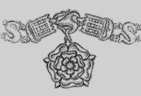 Sketch by Colleen Westman. This striking chain of office, commonly referred to as the "SS collar" was an insignia of public service reserved for knights and nobility, and later for England's chief justices. In the center is the Tudor rose, attached to the Ss on either side by a "portcullis," a design imitating the heavy latticed gateways of a fortress.