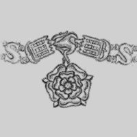 Sketch by Colleen Westman. This striking chain of office, commonly referred to as the "SS collar" was an insignia of public service reserved for knights and nobility, and later for England's chief justices. In the center is the Tudor rose, attached to the Ss on either side by a "portcullis," a design imitating the heavy latticed gateways of a fortress.