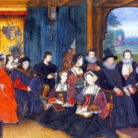 Watercolor miniature by Rowland Lockey. This miniature was based on Hans Holbein's portrait of the More family. With the permission of Victoria and Albert Museum. From left to right: Judge John More, Anne Cresacre, Sir Thomas, John, Cecily, Henry Patenson, Elizabeth, Margaret; John (son of Thomas More II and his wife, Maria), Thomas More II (who is the grandson of Sir Thomas More and the oldest son of Thomas More's son, John), Cresacre (son of Thomas More II and his wife, Maria), Maria. Thomas More and His Family, 1593-1594