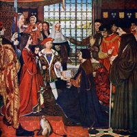Painting by Frank Cadogan. ©The Palace of Westminster Thomas More and Erasmus Visit the Children of King Henry VII at Greenwich in 1499